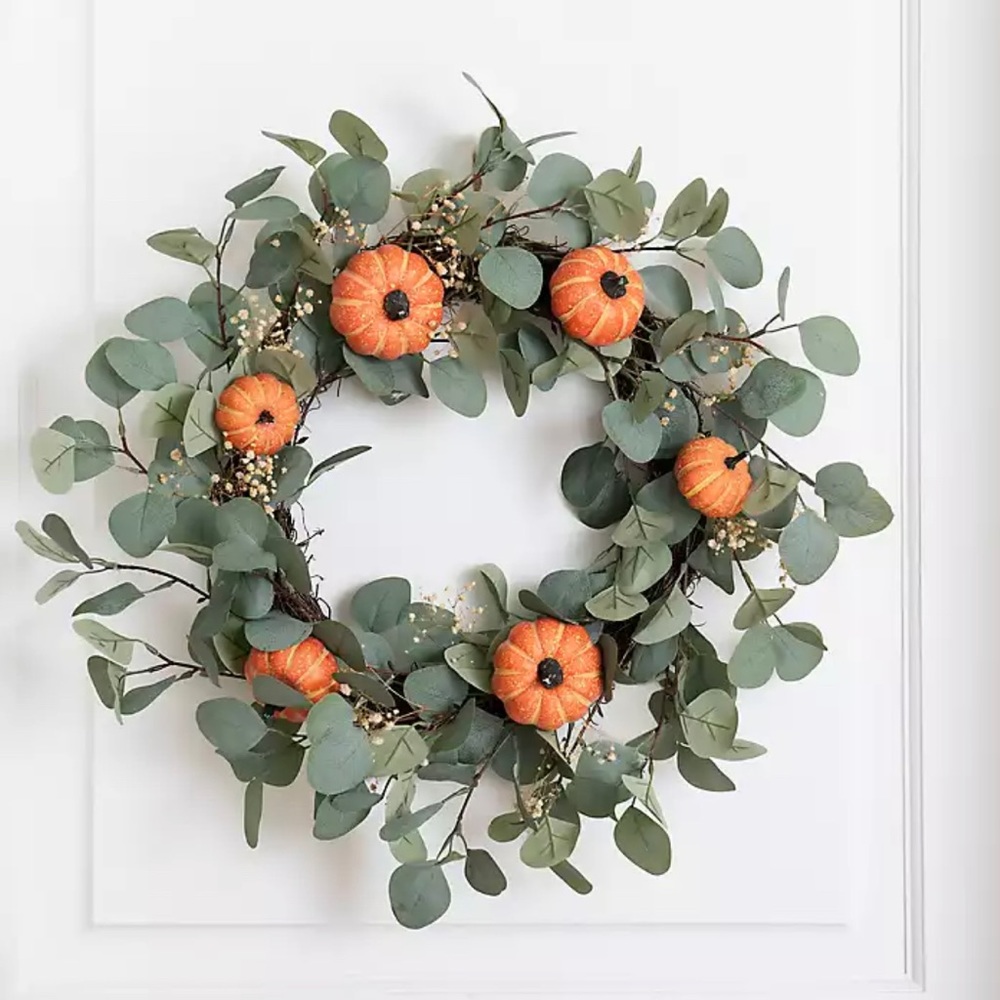 Kirklands Stores, Inc, Eucalyptus and Baby's Breath Pumpkin Wreath 24 in.